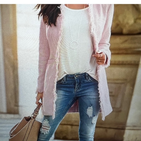VENUS Sweaters - Pink Frayed Edge Fringe Women's Tweed Long Boucle Blazer barbie